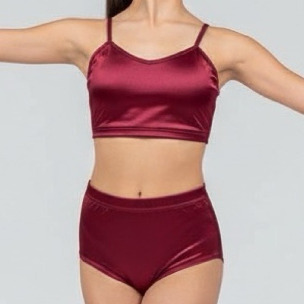 Double Platinum Performance Burgundy Satin Dance Set High Waist - NWT - adult AS